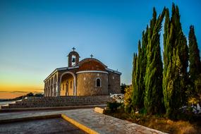 Colorful landscape with the church and plants on Cypress
