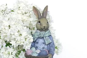 easter bunny with eggs and white flowers