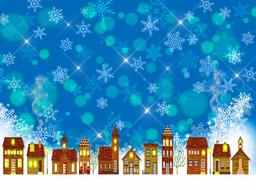Beautiful and colorful winter village, with the lights, at background with the snowflakes and bokeh lights, clipart