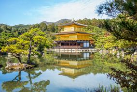 Kinkaku-ji, Zen Buddhist temple with golden top mirroring on water, japan, kyoto