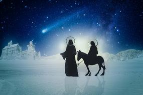 st joseph and virgin maria on the go beneath starry sky, digital art