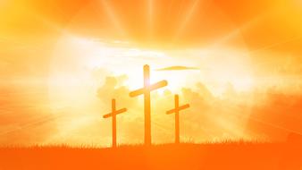 silhouettes of crosses on a background of orange dawn