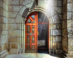 half open red Church Door, spain, galicia