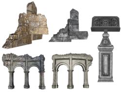 variety of stone ruins on white background