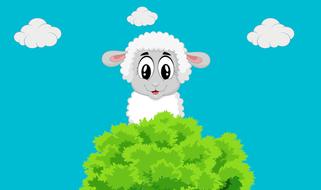 cartoon lamb behind shrub at blue sky background with white clouds