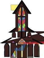 church building with stained glass windows, drawing