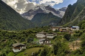 Beautiful landscape of the buildings among the green mountains in China