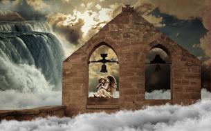 Angel Figure with Wings in the chapel on beautiful background with waterfall and clouds in sky with sunshine