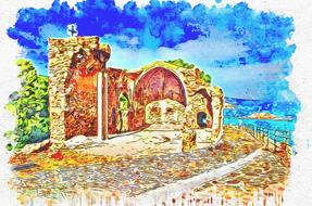 Beautiful and colorful painting of the old chapel on the shore, among the colorful plants
