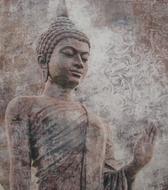 Buddha statue at oriental pattern, digital art