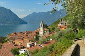 scenic view of Lake Como from village at summer, Italy, Sala Comacina