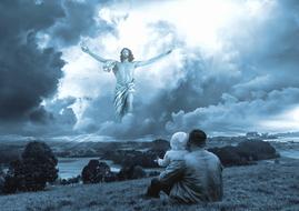 man with child looking at Jesus on clouds, collage