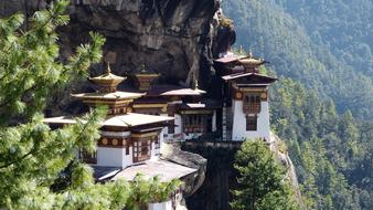 Beautiful Tiger's Nest temple, among the green trees in Bhutan