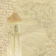 wallpaper with a tower and calligraphic inscription
