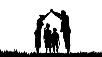 Silhouettes of the praying family, on the grass, at white background, clipart