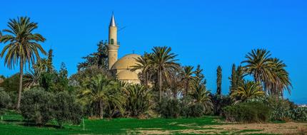Mosque among palm trees in Larnaca, Cyprus