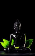 ceramic Buddha figurine and lotus leaves in a dark