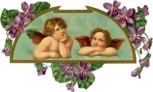 baby angels and viola flowers, vintage drawing