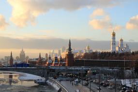 sunset over the moscow river in winter