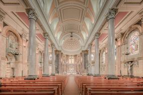 Beautiful and colorful, decorated interior of the St Wilfrids Church with columns in Preston, Lancashire, England, UK