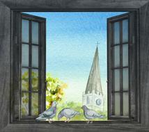 painted church tower view through the window as an illustration