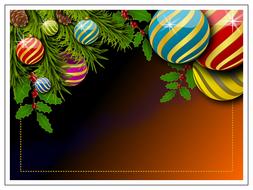 Christmas balls and branches of spruce painted on a postcard