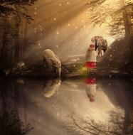 Person, among the cute and beautiful elephants near the water, among the trees, at colorful and beautiful sunset, clipart