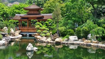 temple at pond in garden, Japan
