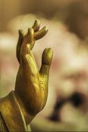 hand of golden buddha close up on blurred background