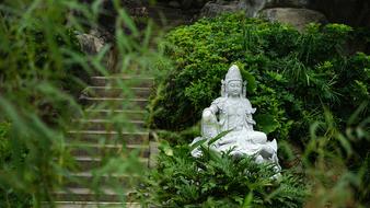 white buddhist statue in the green garden