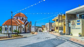 orthodox church on Street in village, cyprus, mazotos