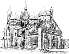 Black and white line art of the church