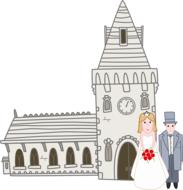 Drawing of the bride and groom near the church at white background