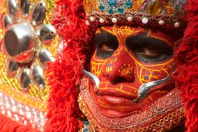 portrait of man with painted face in carnival headdress, India
