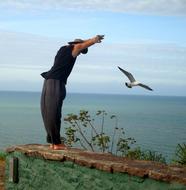man is jumping from the pier to the sea