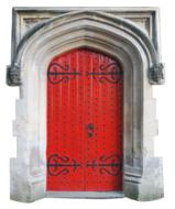 red front door in the church