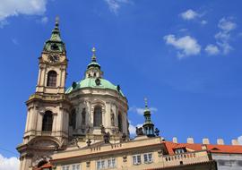 bell tower and dome of historical Church at sky, czech, Prague