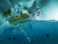 fantasy, tropical island on a turtle