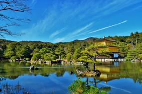 scenic temple and lake in Kyoto