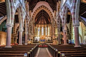 Beautiful and colorful, patterned interior of the church, with the columns and windows with light