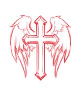 Red and white drawing of the red cross with wings