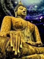 large golden buddha statue under the sky in the stars