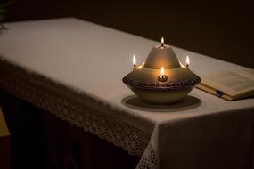 Candlelight and open holy book on table