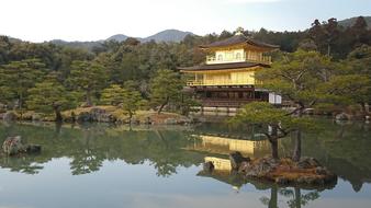 Golden Pavilion, buddhist temple in front of water at forest, Japan, Kyoto