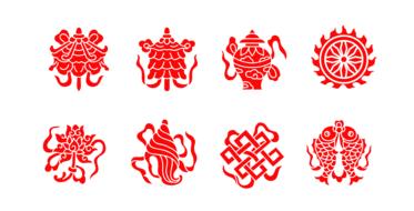 Buddhism symbols as red drawings