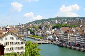 Beautiful cityscape of Zurich with Limmat river, with green trees in Switzerland
