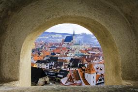 panorama of the old city through the window of the fortress