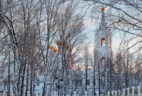 view of the church between trees in winter