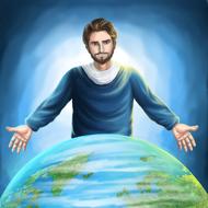 Painting of the man and colorful Earth globe, on clipart