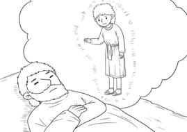 Black and white drawing of a man dreaming about a person telling Bible